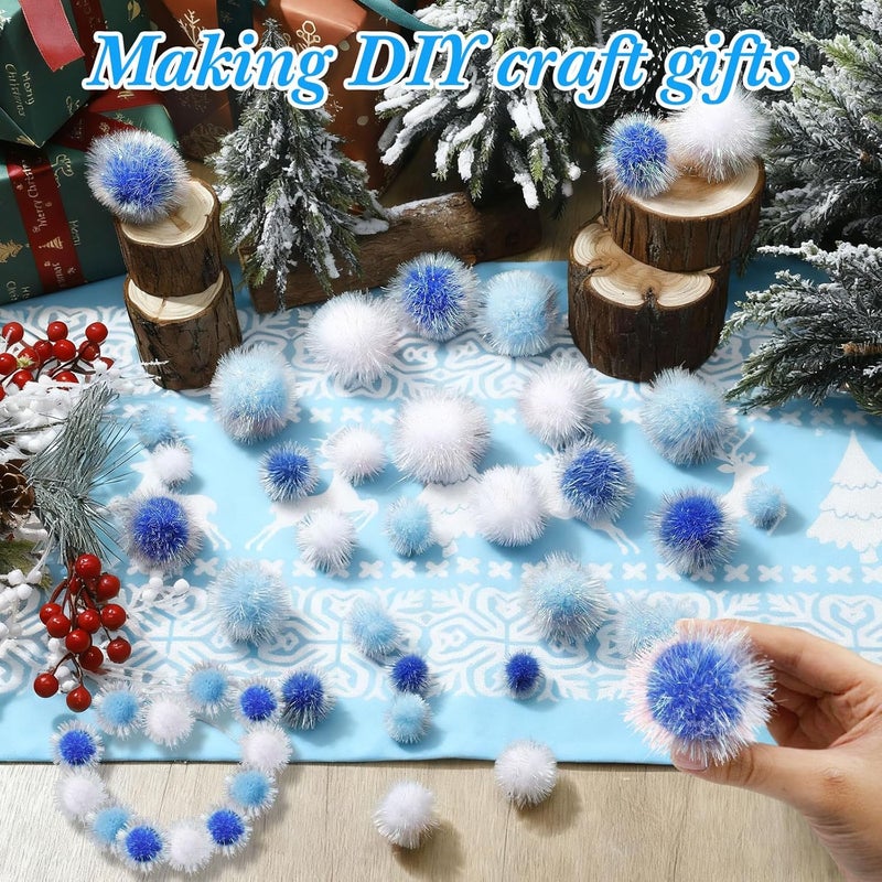 Knitgrip 150 Pcs Large Glitter Tinsel Pom Poms 2.5" 2" 1.4" 1" Christmas Pompom Balls Jumbo Glitter Balls for DIY Craft Making Christmas Decorations(Light Blue, Navy Blue, White) - Image 5